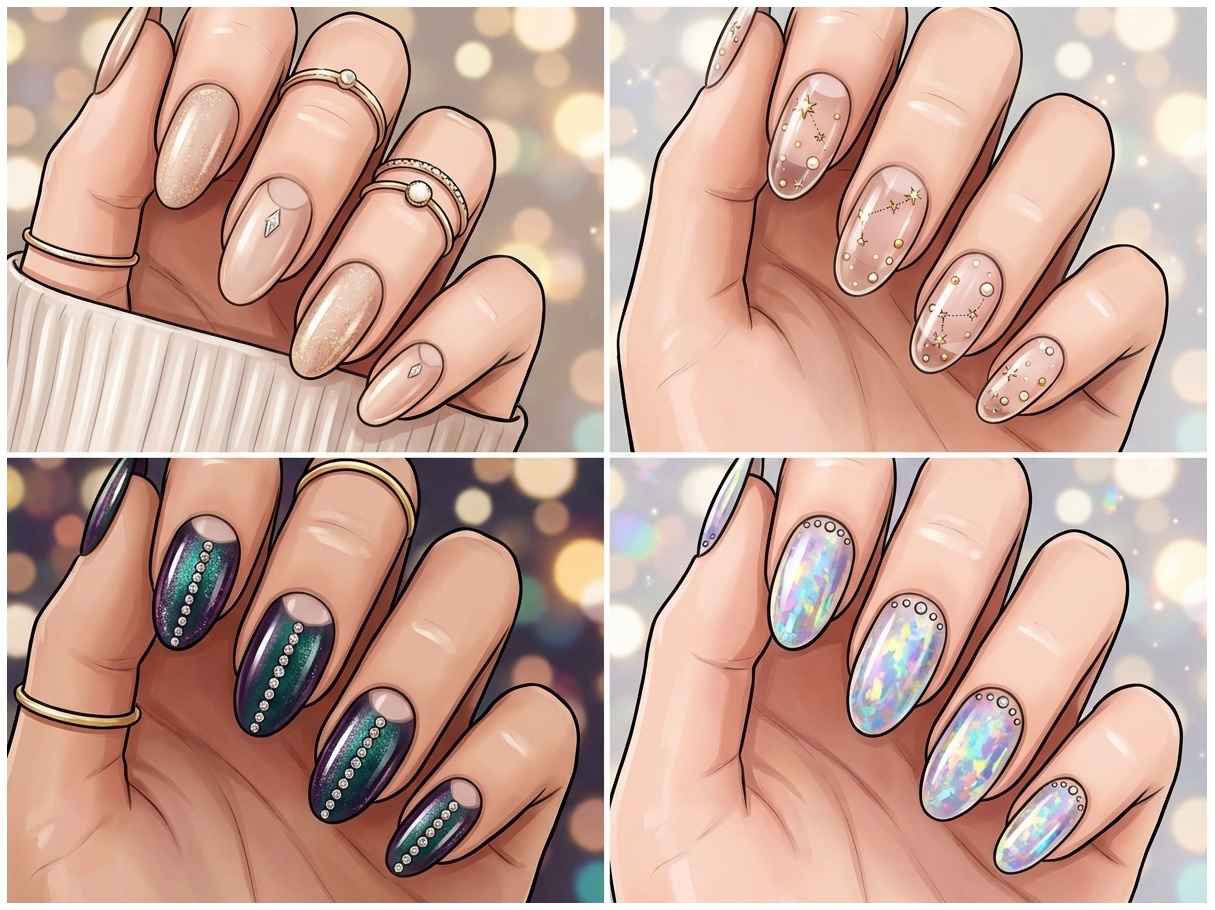 Иллюстрация вариантов новогоднего маникюра 2026 — от нюдовых до голографических